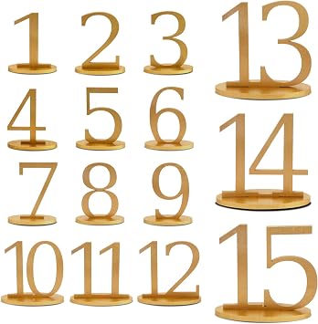 XUWAIDSGN Gold Table Numbers 1-15 with Oval Base Rustic Table Numbers for Wedding Reception 5 Inch High Gold Wedding Signs Holders Stands for Banquets Anniversary Parties