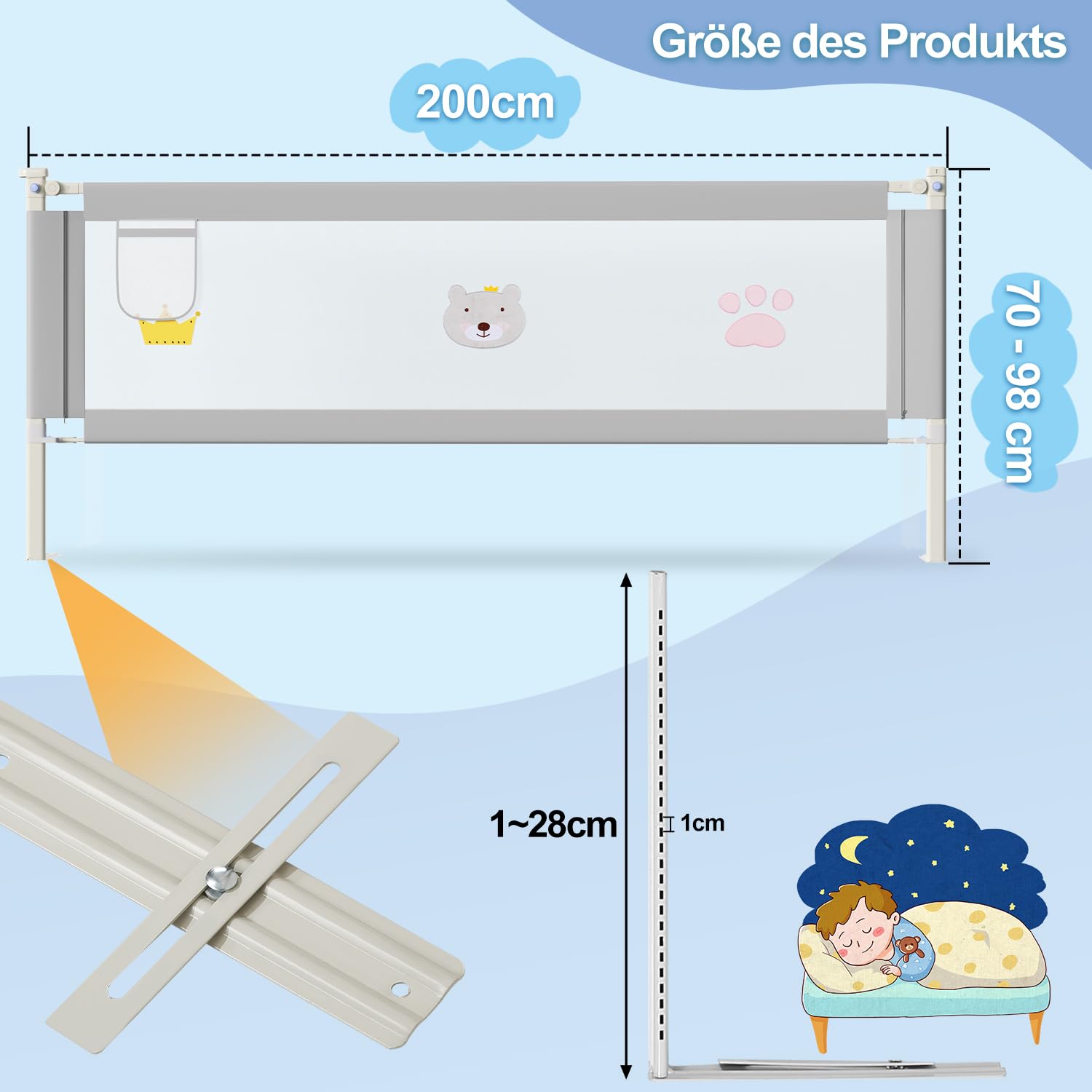 Bettgitter 200cm, Bettschutzgitter Rausfallschutz Bett Klappbar für Kinder & Elternbetten, Kinderbettgitter mit luftiges Netz einfache Montage, Hoch 70 bis 98cm, Grau