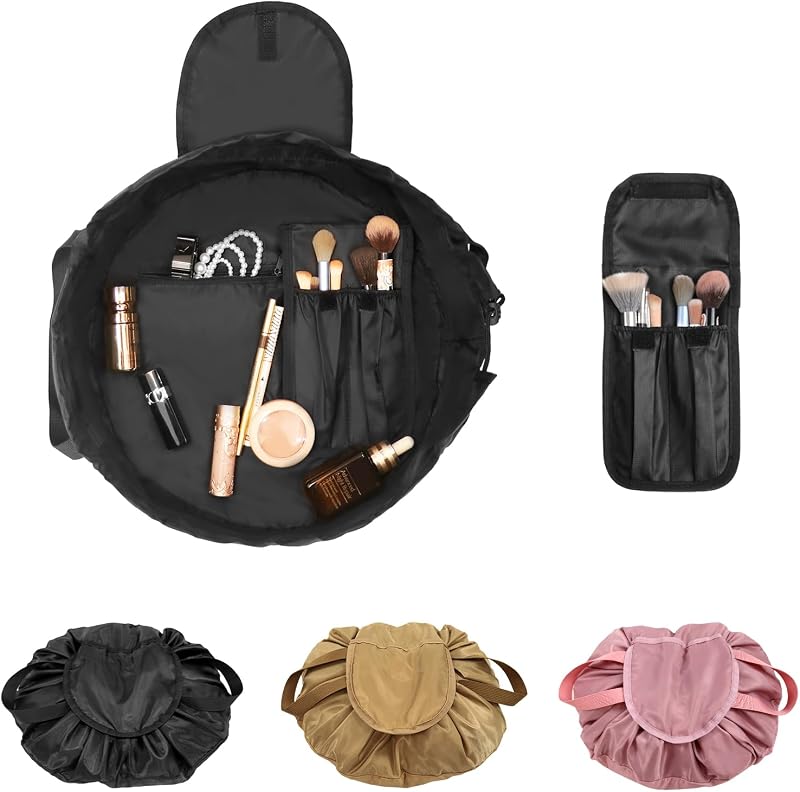 SUMBABO Necessaire de maquiagem com cordão, abertura plana, suporte para pincéis, preta, CB002, 1 unidade