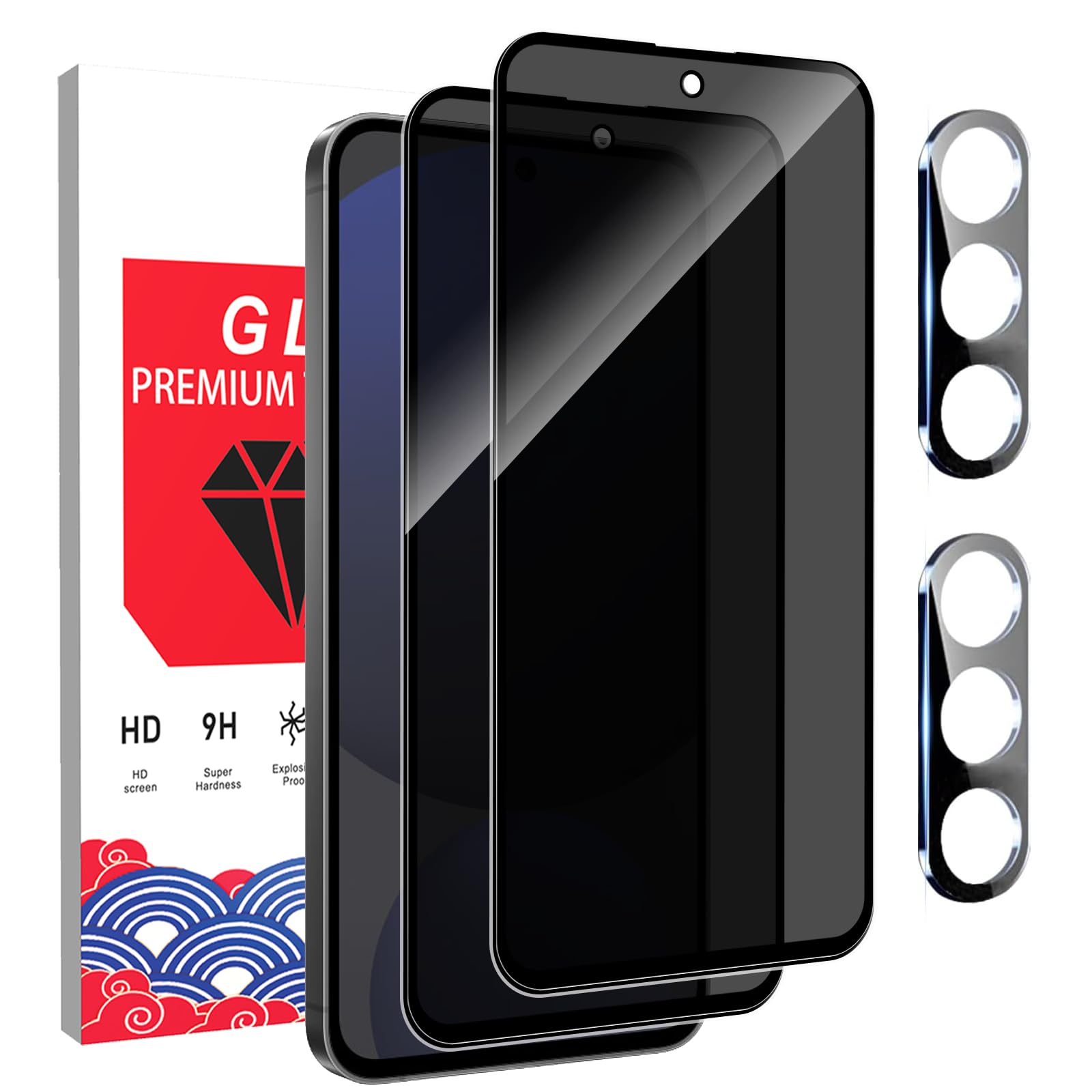 OWMGTS 2 Pack Privacy Screen Protector for Samsung Galaxy S24 FE 5G + 2 Packs Camera Lens Protector,9H Hardness,Scratch-Resistant, Anti Spy,