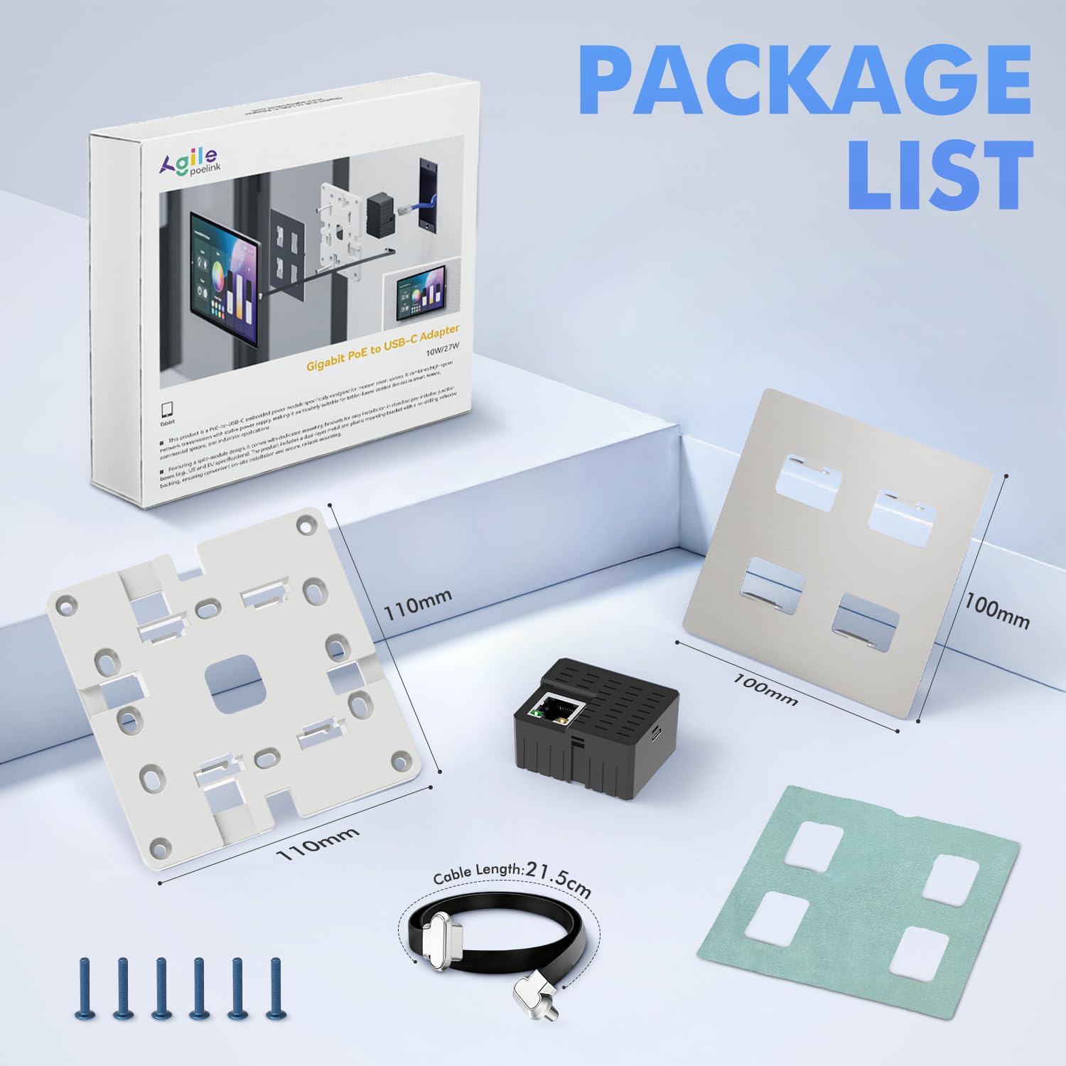 Agile - Kit de montaje en pared para tablet PoE universal con soporte y cable plano | Caja de adaptador de corriente CA a USB-C para 8-12 tabletas (apto para 86 cajas de hogar inteligente/oficina, 23 W)
