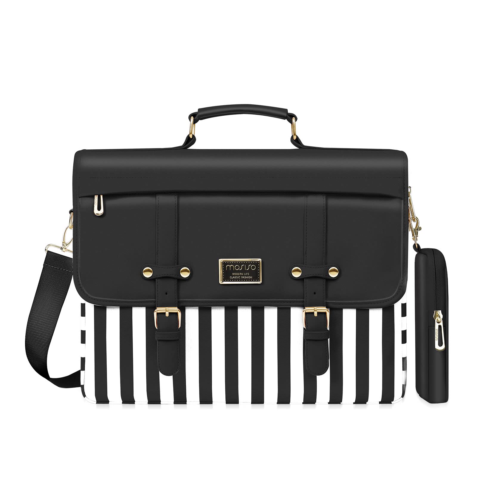 MOSISOLaptop Shoulder Bag Vertical Stripe Polyester&PU Leather Flapover Computer Bag With Small Pouch