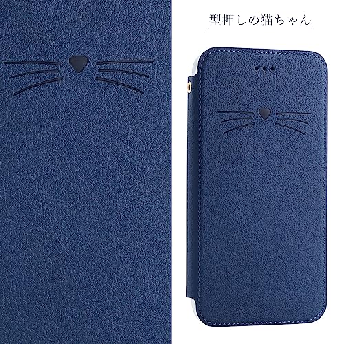 iPhone14 ケース 手帳タイプ 背面クリア 型押しの猫柄 シンプル 手帳型 アイフォン14 スマホカバー 薄型 ストラップ ホール スリム Qiワイヤレス対応 ACkaban アイフォン14 カバー 手帳 薄いケース マグネット無し ベルトなし 使いやすい おしゃれ カードポケット付き iPhoneマック見え 男性 女性対応 カップル 素敵 ダークブルー