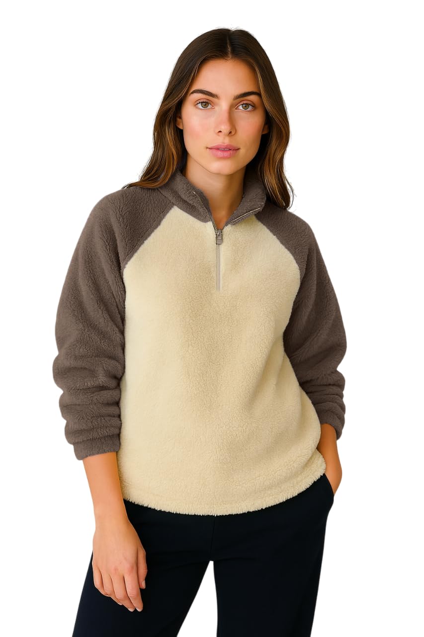 the dry state Women Colour Block Fur Sweatshirt with Collared Neck | Cappucino Foam & Leafless Tree - Size M-picture-54