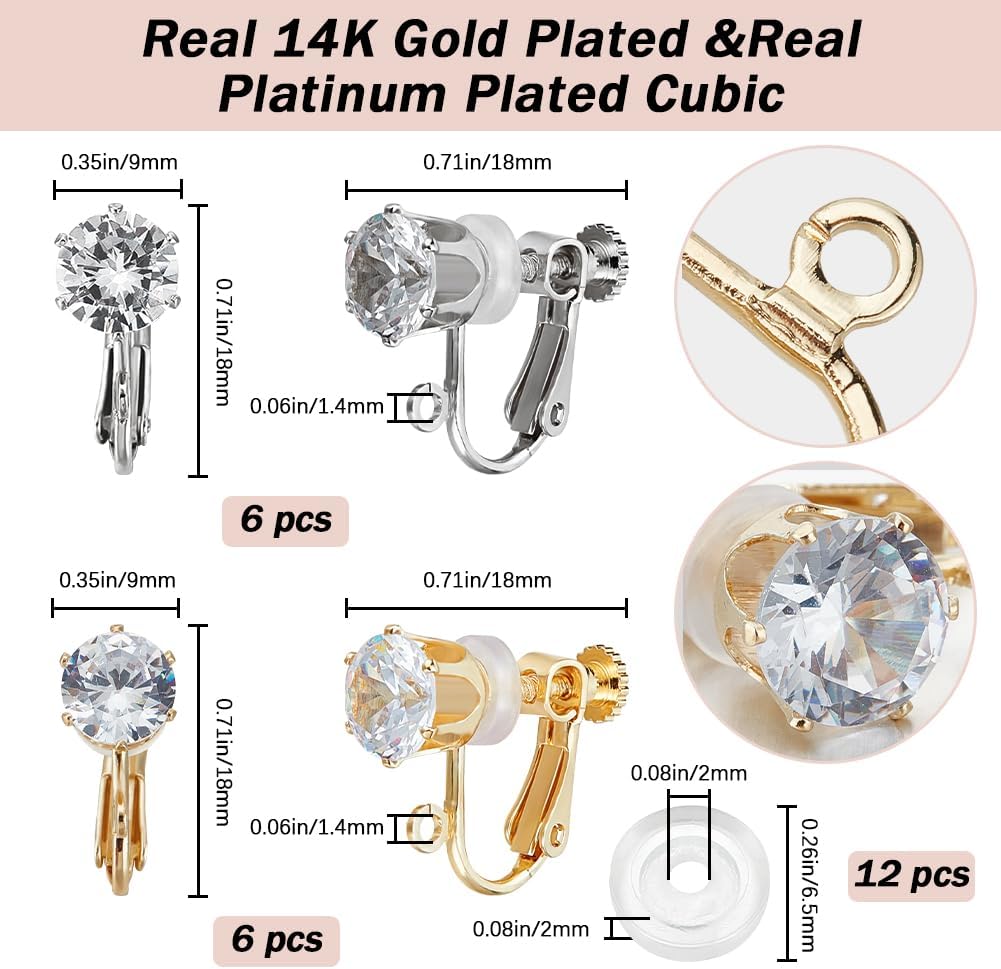 Beebeecraft 1 Box 6 Pair Clip-on Earring Converter 14K Gold Plated & Platinum Plated Cubic Zirconia Clips Non-Pierced Earring Converters Findings for Jewelry Making DIY Crafts