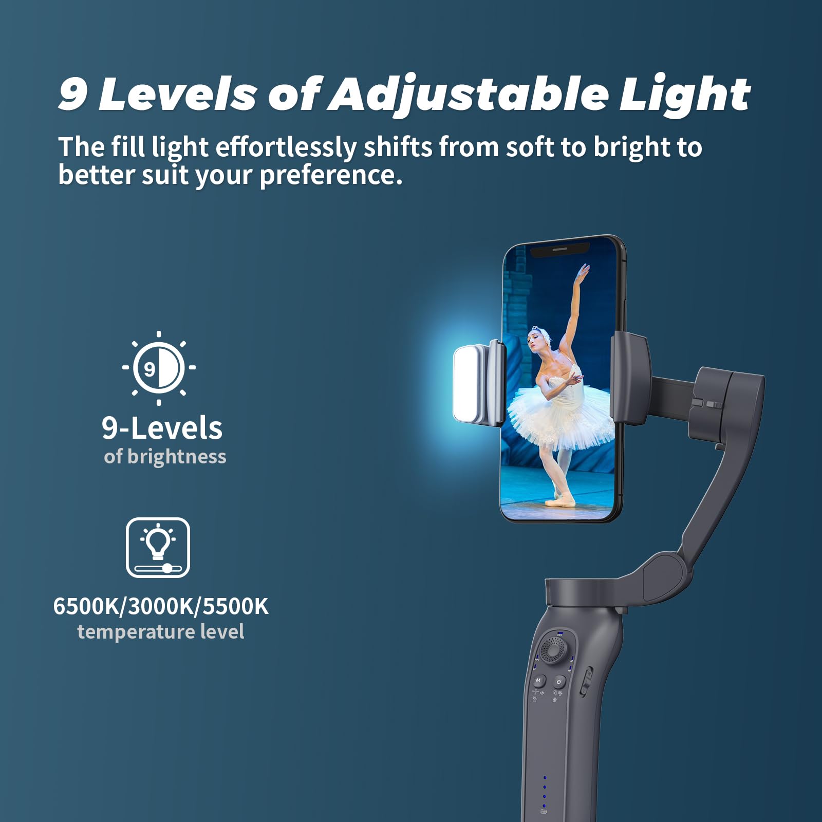 Estabilizador de cardán de 3 ejes, módulo de seguimiento de IA con luz de relleno de 3 temperaturas de color, control por gestos, trípode integrado, para iPhone y Android (negro)