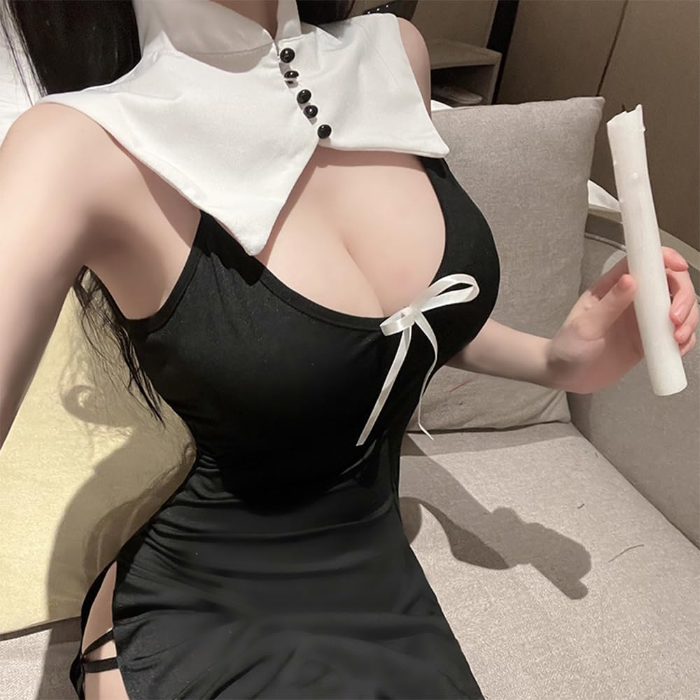 Temptshow Women's cosplay nun underwear mischievous anime maid high slit sexy dress