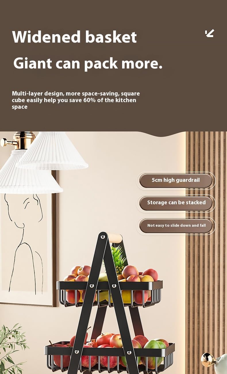 3-Tier Metal Fruit Basket Stand, White Kitchen Storage Organizer with Wooden Handle, Countertop Display Rack