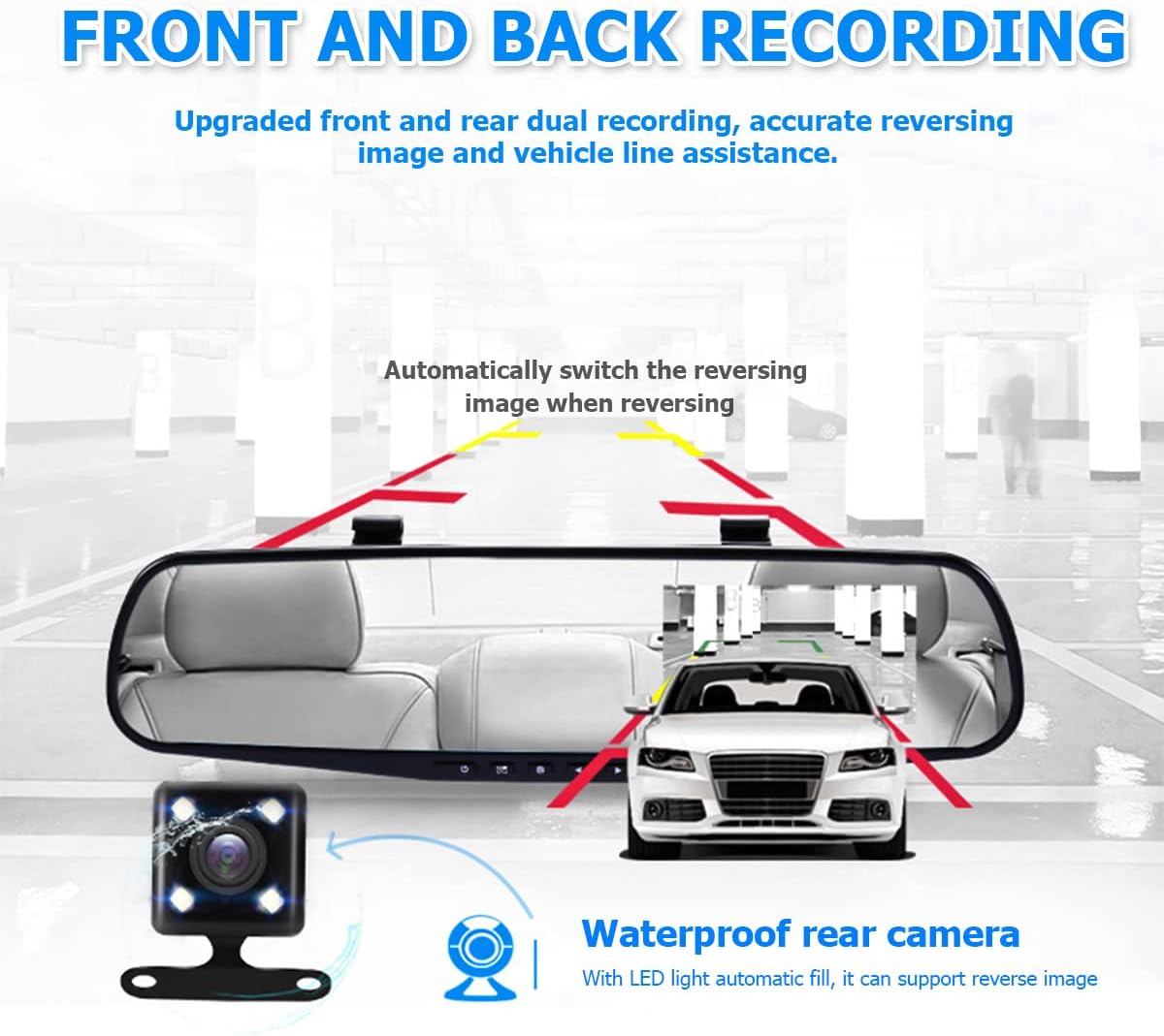 Mirror Dash Cam for Car, 4.3" Backup Smart Rearview Mirror Camera, Waterproof HD 1080P Front and Rear Wide Angle, Support Dual Cameras, Night Vision, Parking Assistance & Loop Record