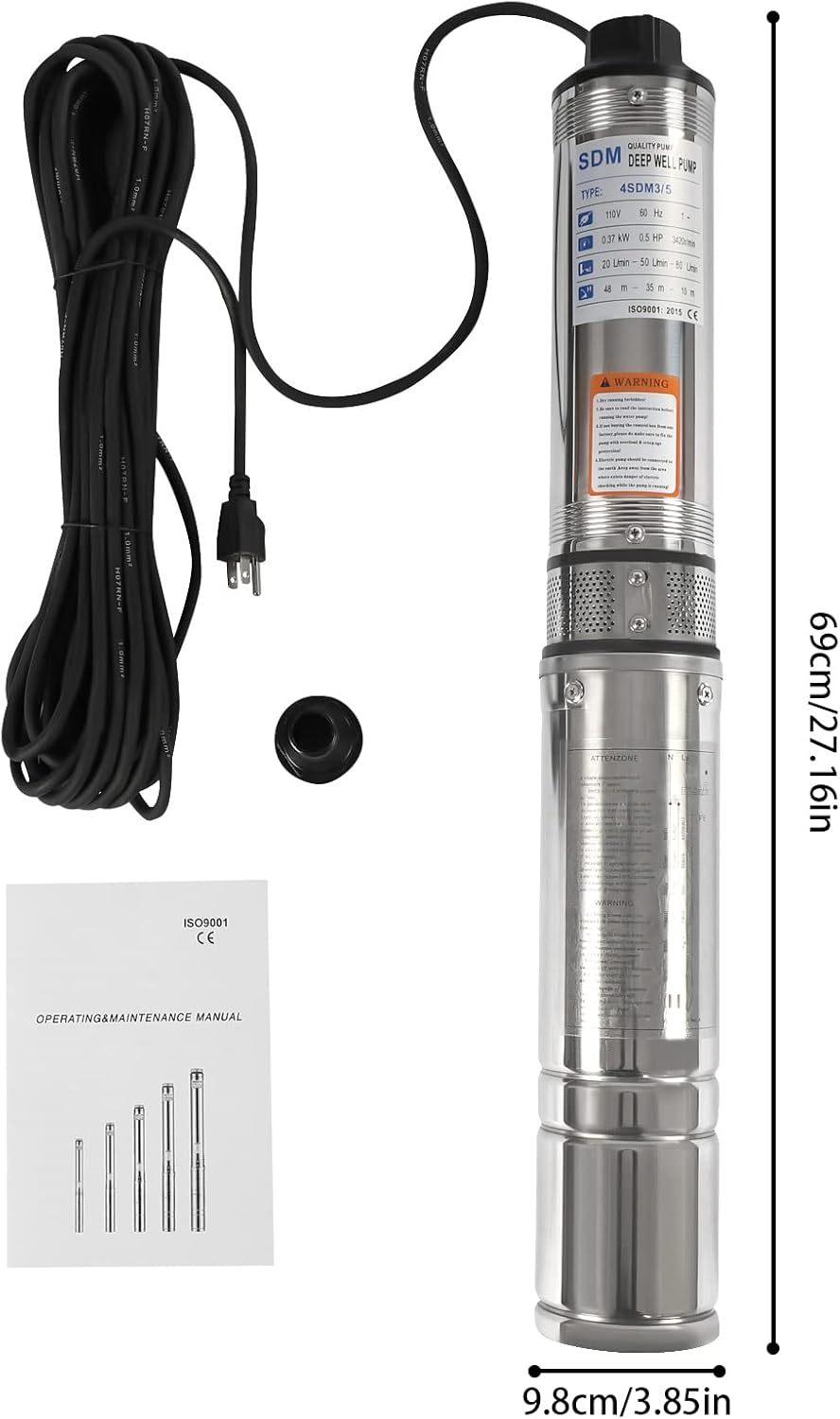 Submersible Well Pump, 0.5HP 110V 16GPM 157ft Lift, Stainless Steel Deep Well Pump for 3.5 Inch Wells, for Home Water Supply and Agricultural Irrigation