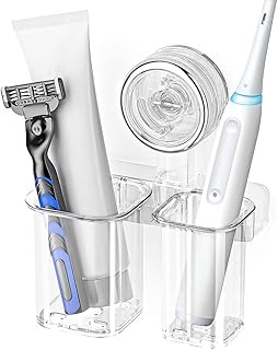 歯ブラシスタンド強力真空吸盤 壁掛け歯ブラシホルダー 壁掛け歯ブラシハンガー 2つの筒状ポケット 取付簡単 大容量 省スペース 透明 まとめて 穴あけ不要 多機能 お風呂 洗面所 浴室用 収納(クリア)