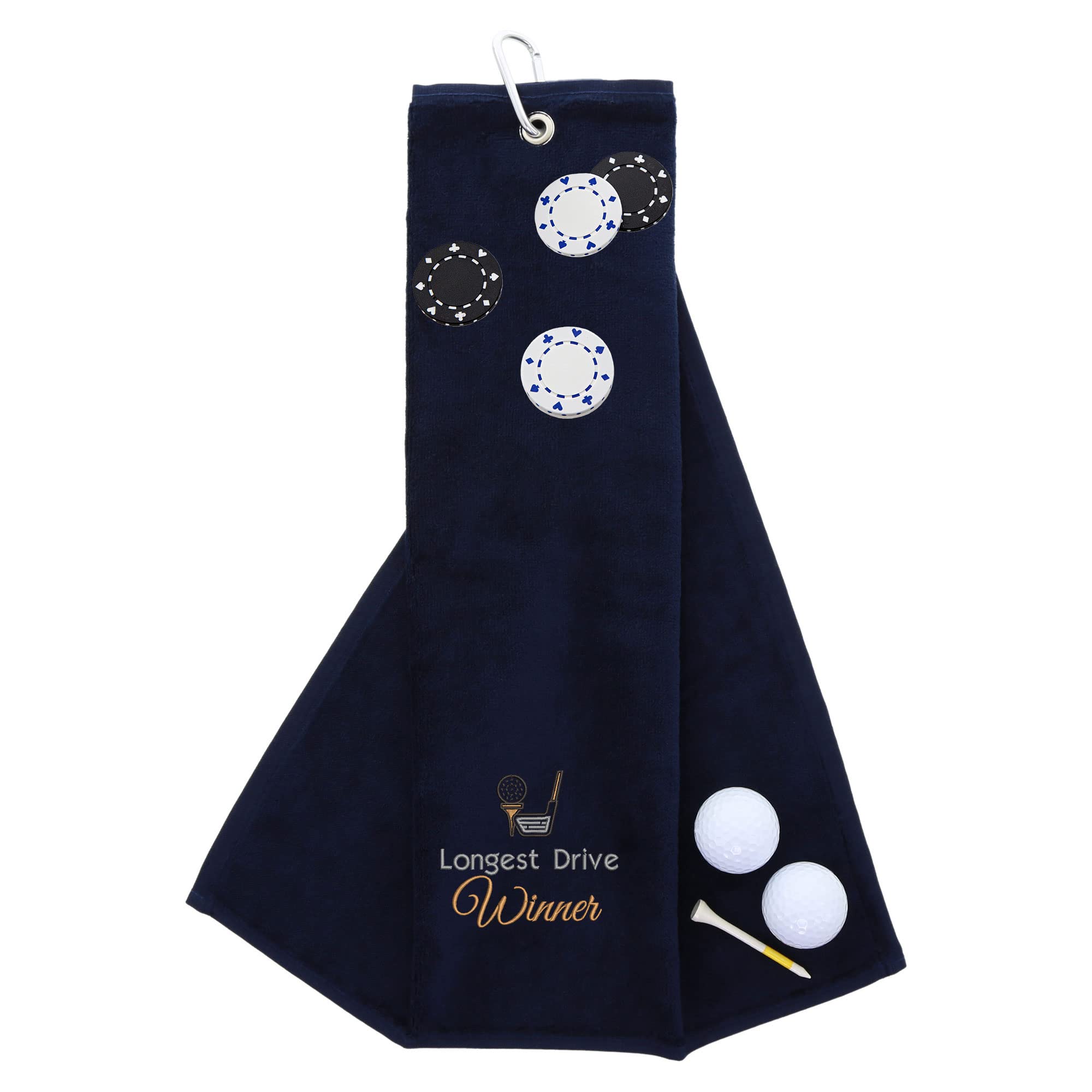Funny Trifold Golf Towel and Poker Chip Marker Set Gift for Men, Carabiner Clip for Golf Bags, Longest Drive, Navy