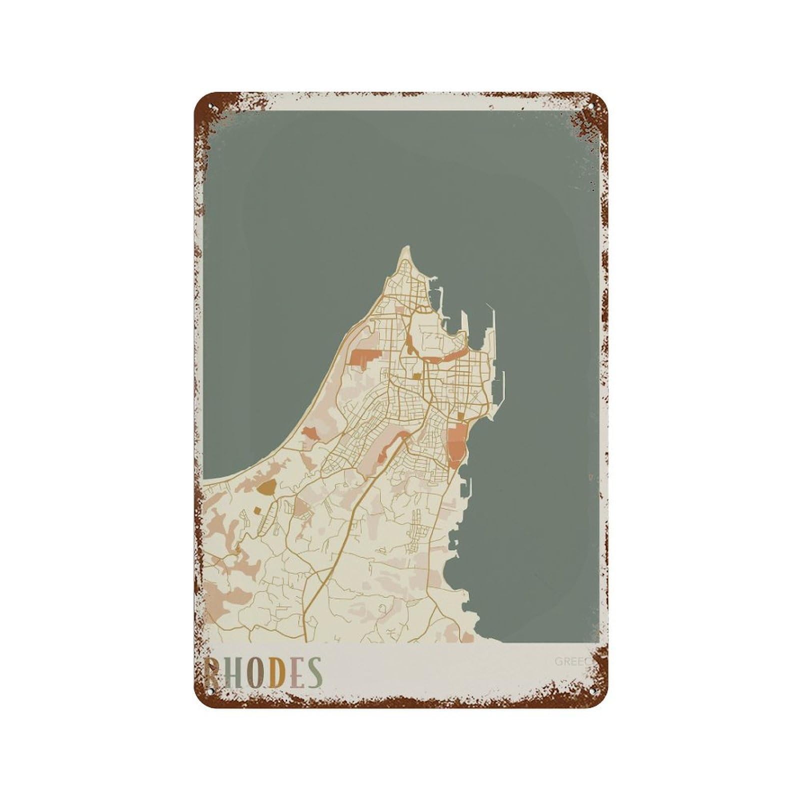 xiaoxiaoshen Rhodes Map Greece Travel Gift Boho Decor Wall Decor Art Metal Tin Poster Modern Home Decor Art Home Bar Shop Decorations Vintage Sign 30x20cm