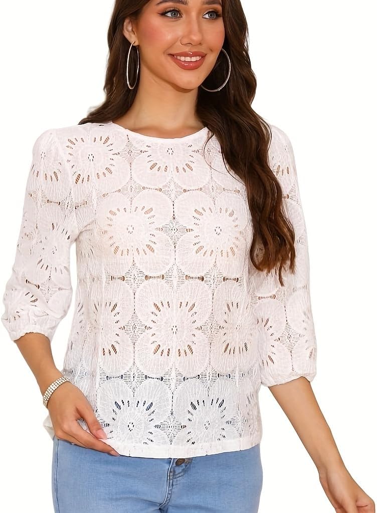 Boho Eyelet Lace Crochet Tops for Women Dressy Casual Summer Fall Fashion Lightweight Tops&Blouses - Image 5