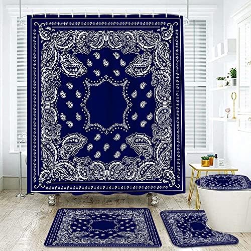 Bandana Shower Curtain Sets Non-Slip Rug,Toilet Lid Cover, Bath Mat,Paisley Bandana Navy Blue Boho Mandala Floral,Southwestern Bathroom Decor Waterproof Fabric Shower Curtains with 12 Hooks Included
