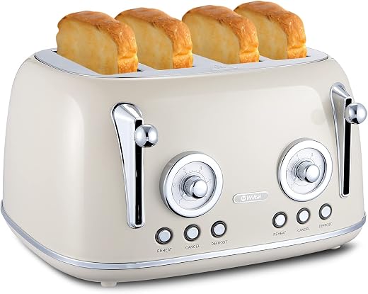 Wiltal Retro Toaster 4 Scheiben mit Brötchenaufsatz