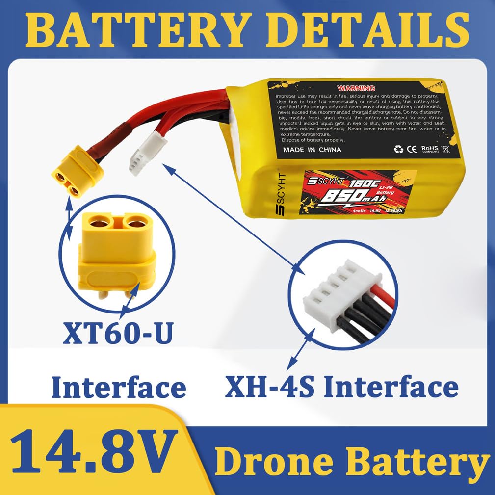 Batteria al litio 14,8 V 4S Batteria Lipo 160C Batterie ricaricabili 850 mAh Batterie droni per aeromodelli con porta XH-4S per motori da 13 W max,14.8v850mah 160c xt60 u