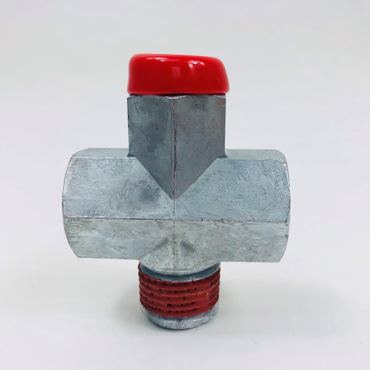 Peterbilt OEM Air Tank Pressure Protection Valve, 223-485, Metal T-Shaped Fitting with Red Cap