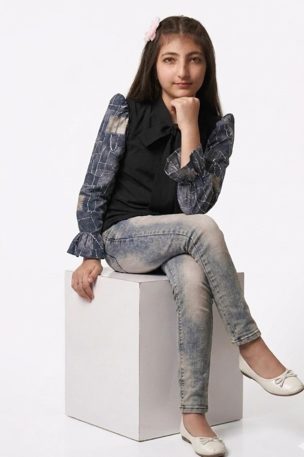 ORIEX THE ORIGINAL FASHION OX-Girls Tie Bow Neck Solid Color with Floral Print Sleeves top-74 Grey 13-14Y 2