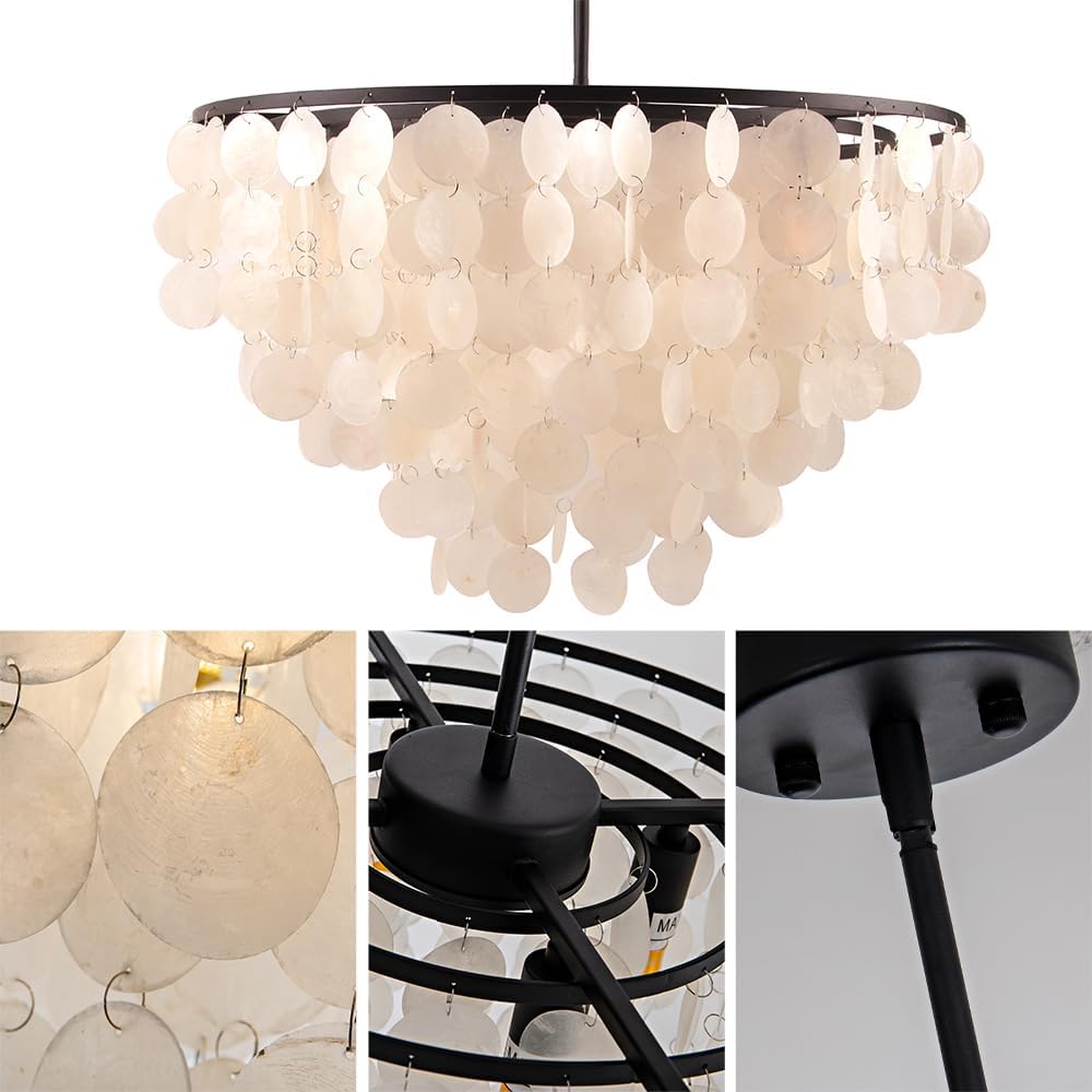 6-Light Capiz Shell Chandelier, 23.62” Black Coastal Modern Chandelier Pendant Light Fixtures, Seashell Pendant Lighting for Dining Room, Living Room, Bedroom, Bathroom