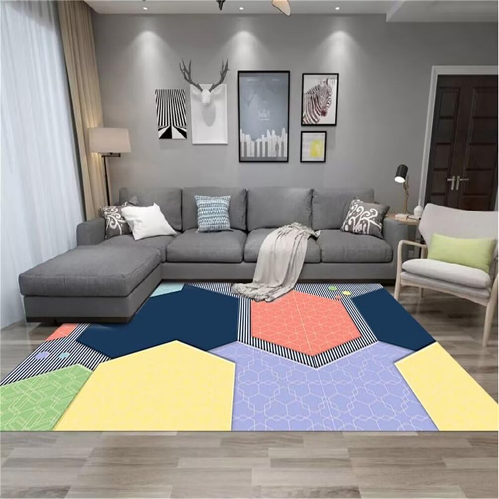 Tapis doux salon lavable 120x120cm avec motif sticker géométrique moderne