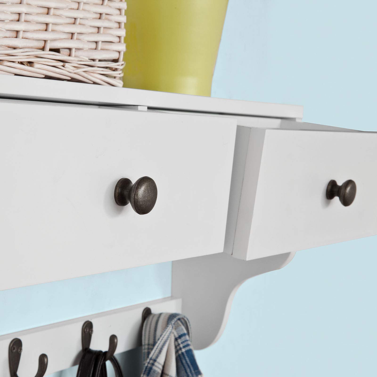 SoBuy Portachiavi da parete con 5 ganci 60x14x27cm per ingresso | Appendini da muro in MDF con 2 cassetti e 5 ganci, carico 5kg per ripiano, bianco FRG178-W