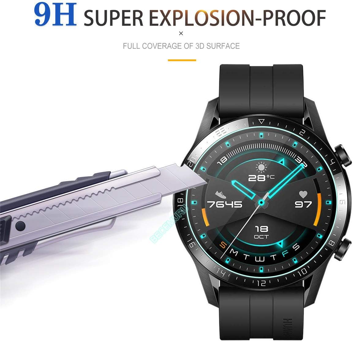 [3 Pack] BECEMURU Tempered Glass Screen Protector for Huawei Watch GT2 46mm 2.5D 9H Hardness Full Coverage Anti-Scratch Bubble-Free Smartwatch Screen Protectors