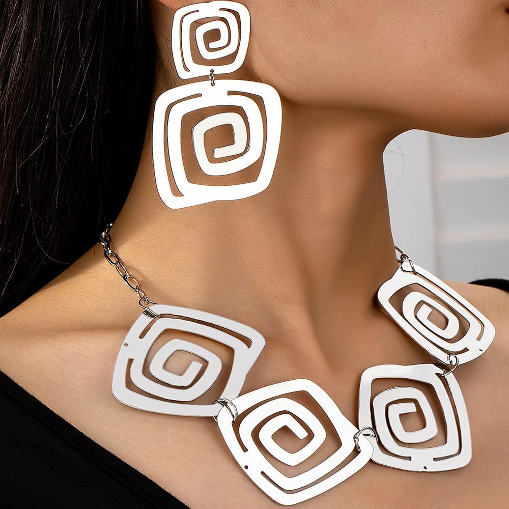 Gold Geometric Necklace Earrings Set for Women African Statement Chunky Choker Necklaces Earring Vintage Punk Statment Jewelry Set - Image 2