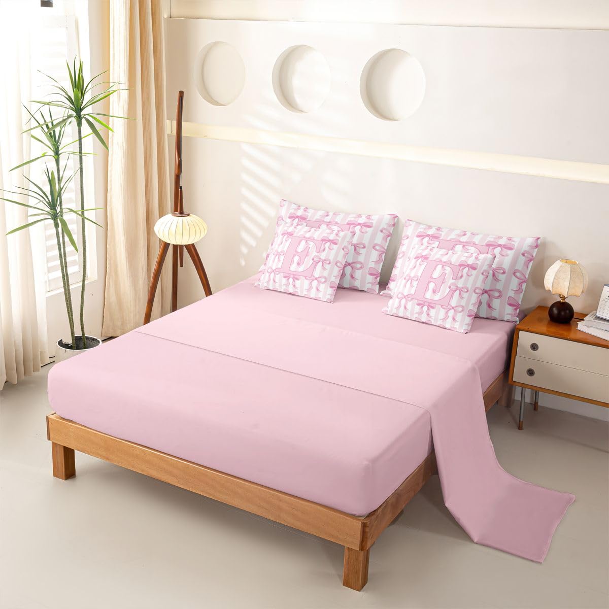 Loussiesd Juego de ropa de cama de 7 piezas para niños y niñas, con funda de edredón, sábanas, fundas de almohada, fundas de cojín, color rosa y blanco