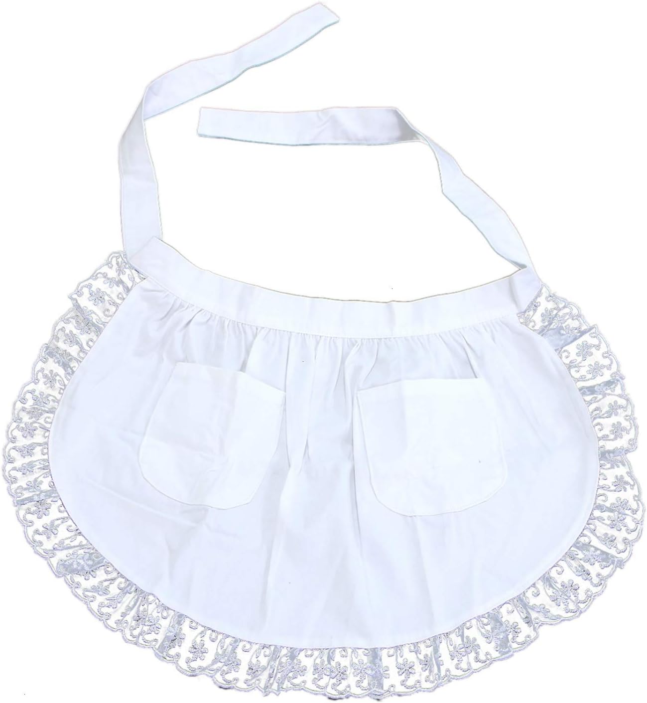 White Lace Flower Cotton Half Apron Kitchen, Half Waist Apron with Pocket Victorian Maid Costume for Women