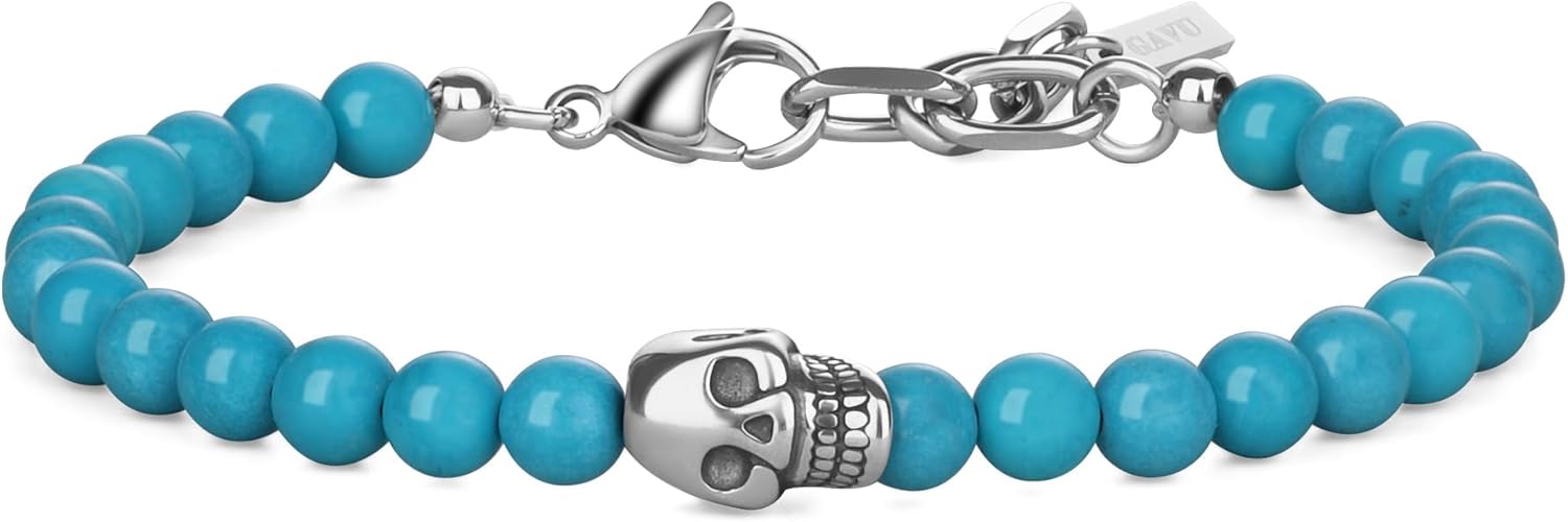 GAVU 6mm Skull Bracelet Beaded Bracelet for Men, Onyx/Turquoise/Pearl Bracelet for Men