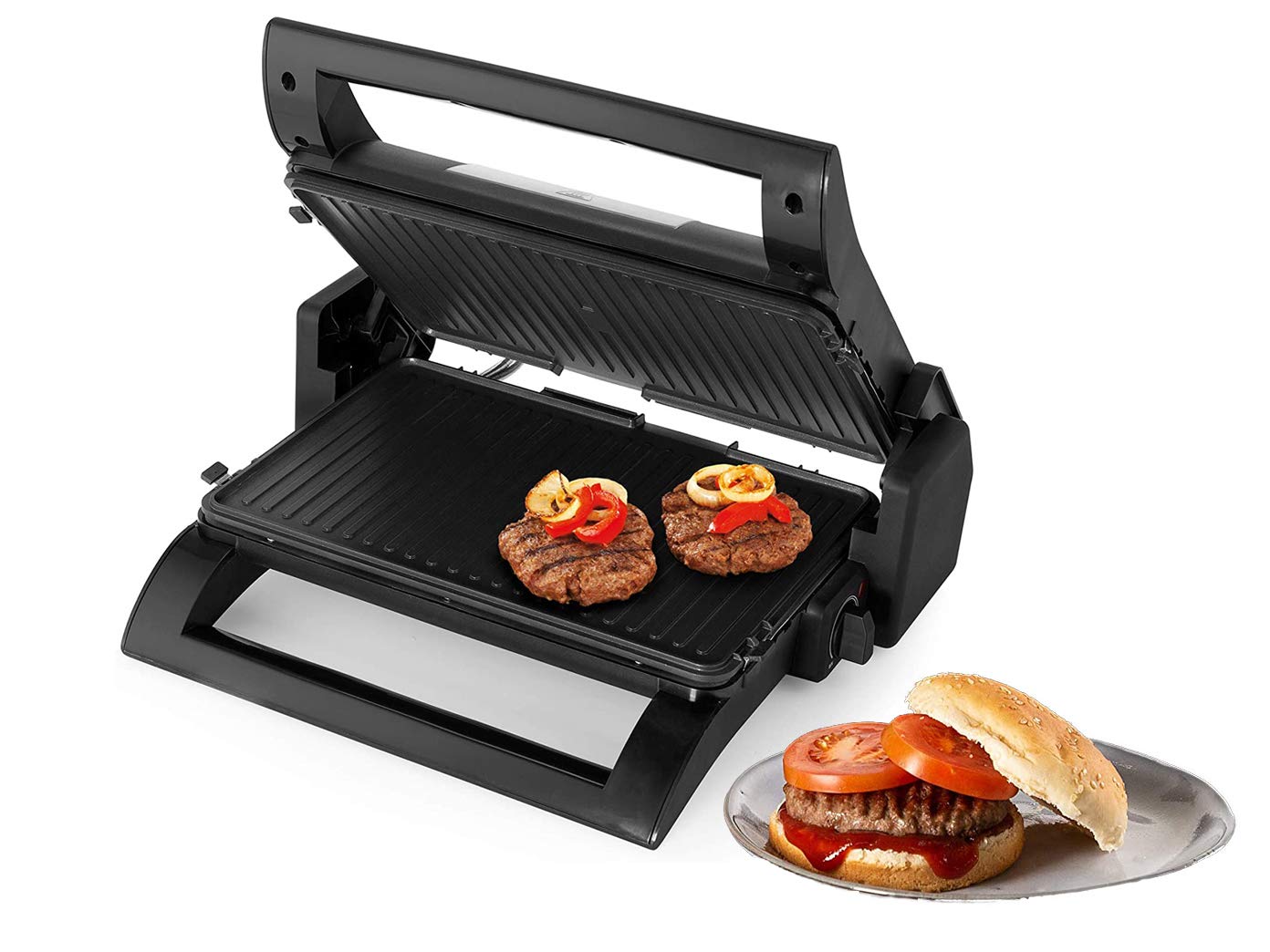 Griglia elettrica a contatto, piastra per waffle e panini 4 in 1, piastre intercambiabili, 31,5 x 21,5 cm, con pinza per barbecue