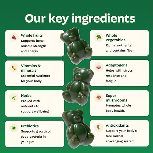 Miniatura 3 de Gruns Adults Super Greens Gummies, Multivitamin Superfood Gummy Bears, Spirulina, Chlorella, Prebiotics & Fiber Gummies for Digestive Health