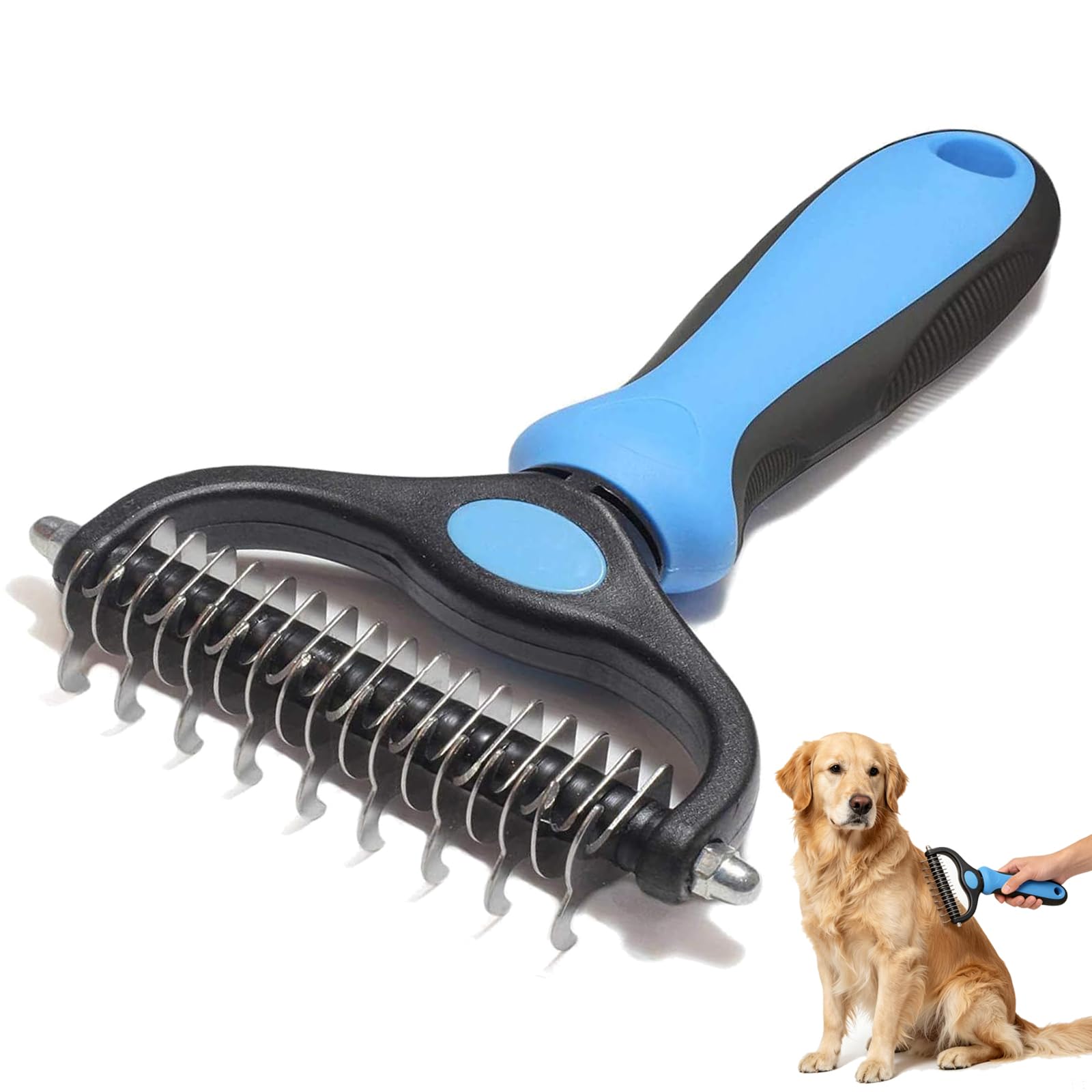 MUWWOEE Deshedding Brush, Grooming Tool Dematting Comb for Dogs & Cats, Double Sided Undercoat Rake for Dogs & Cats, for Long Haired Cat Dog Tangles Removing(Blue)