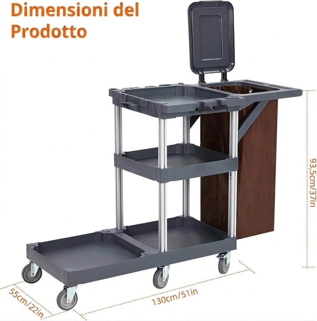 con Carrello pulizie professionale commerciale ruote robuste, sacco in vinile capiente, armadietti integrati, portata fino a 136 kg, ideal para hotel, oficinas y ambientes públicos
