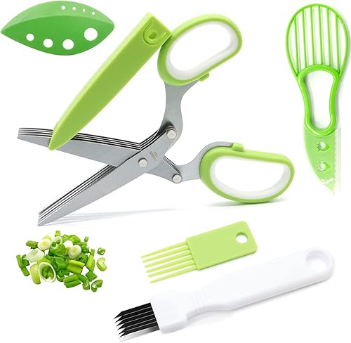 Tijeras de hierbas, multiusos, de 5 cuchillas, tijeras de hierbas para cocina, cortador de hierbas, cortador, picadora y picadora con cubierta de