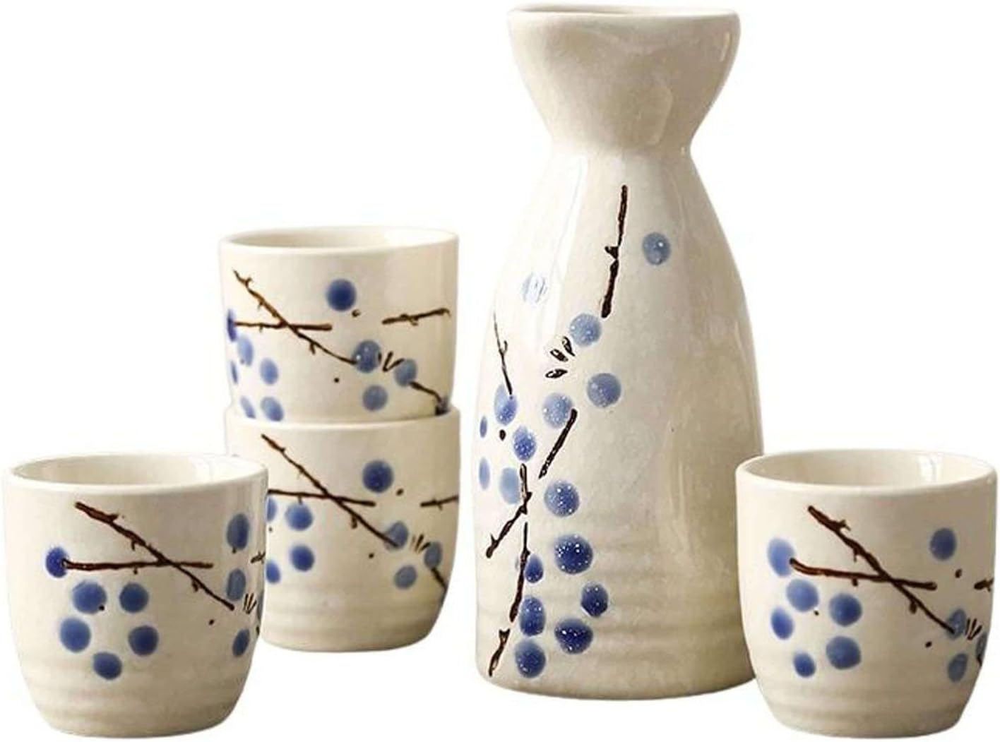 Sake Set Ceramic Japanese Sake Set of 5 Include 1 Sake Bottle 4 Sake Cups for Hot Or Cold Sake at Home Or Restaurant-B-1