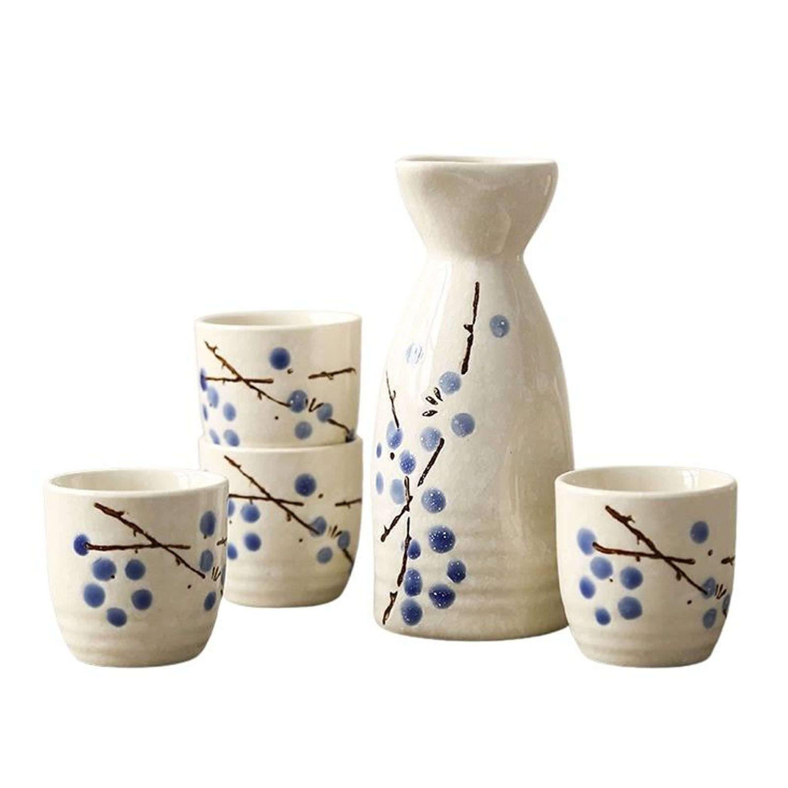 Sake Set Ceramic Japanese Sake Set of 5 Include 1 Sake Bottle 4 Sake Cups for Hot Or Cold Sake at Home Or Restaurant-B-1