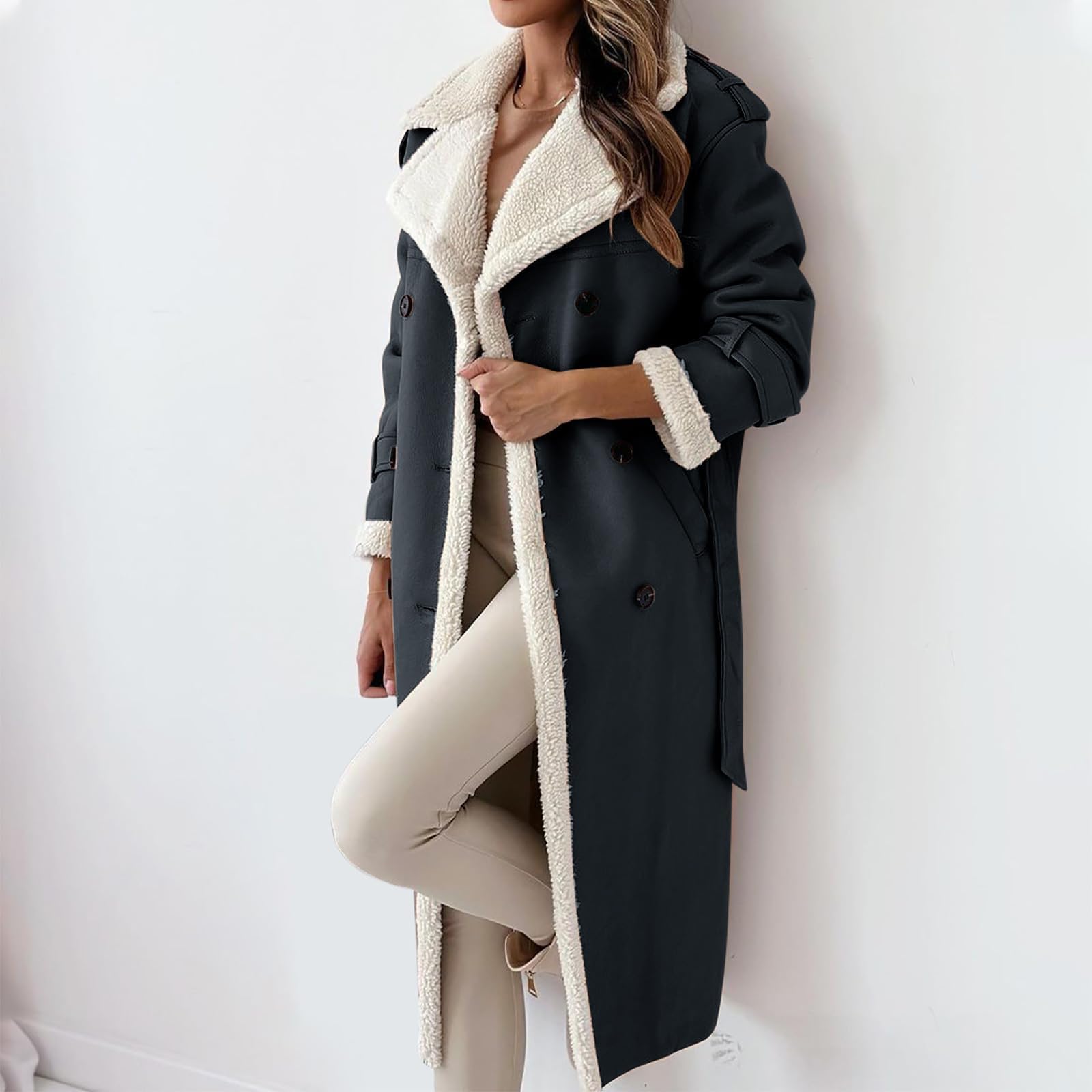 Wintermantel Damen Lang Winterjacke Damen Warm Gefüttert Fleecejacke Zweireihiger Ledermantel Revers Mantel Frauen Winter Dicke Elegant Trenchcoat Mit Gürtel Teddyfutter Damenmantel Outdoor
