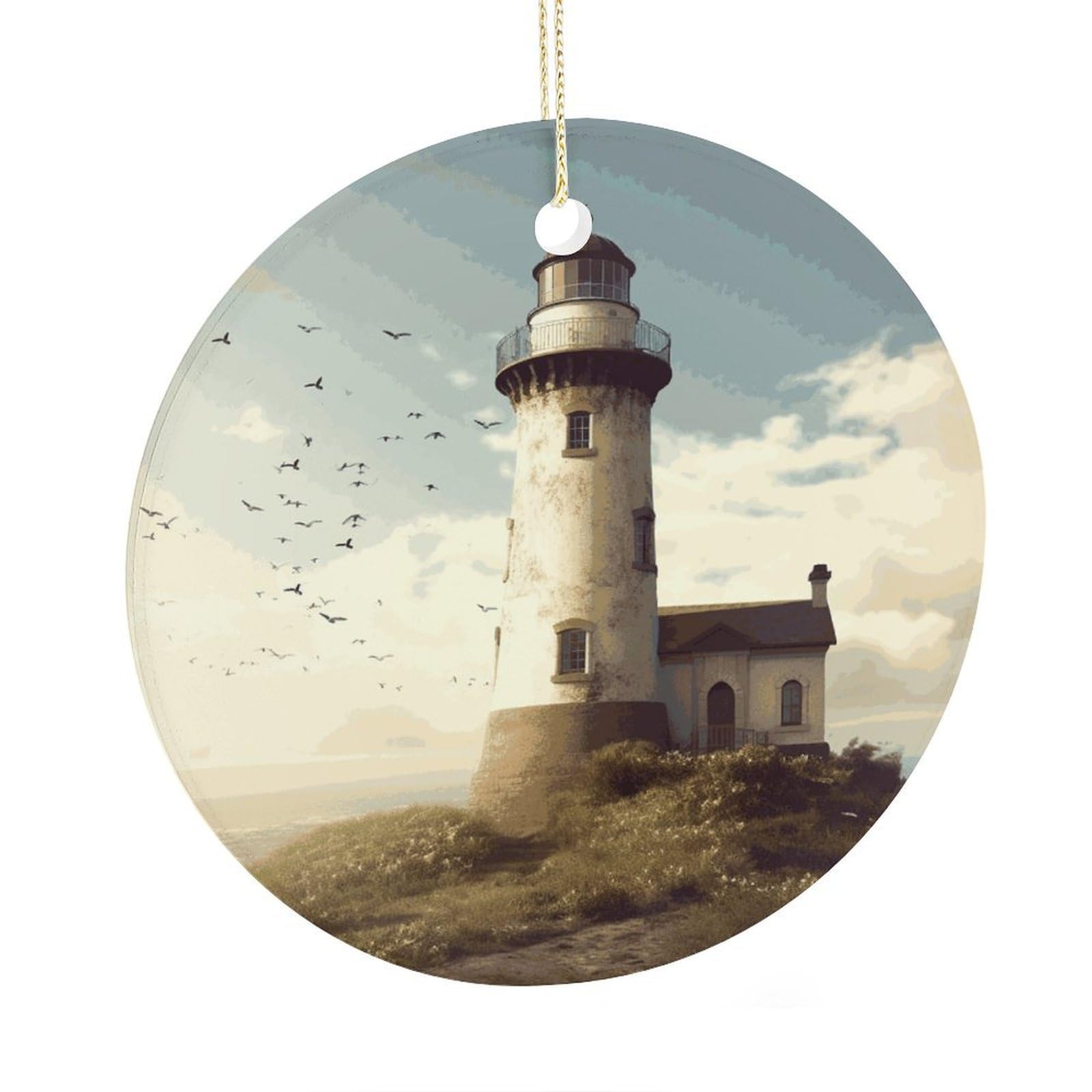 Fekiloot Style Old Lighthouse Christmas Ornaments 2.9 Inch Round Ceramic Ornament Keepsake Thank You Gifts For Office, Room, Home - Holiday Present Ideas