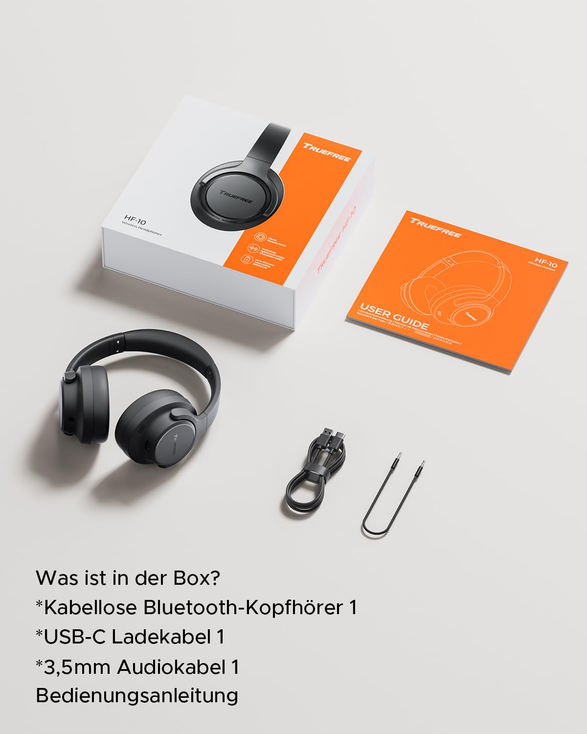 truefree HF-10 Over-Ear Bluetooth Kopfhörer mit 40mm Treiber, ANC -45dB, Raumklang, 125h Akku, AI Mikrofon, App, Gaming Modus, faltbar, USB-C, AUX, Headset mit Transparenzmodus