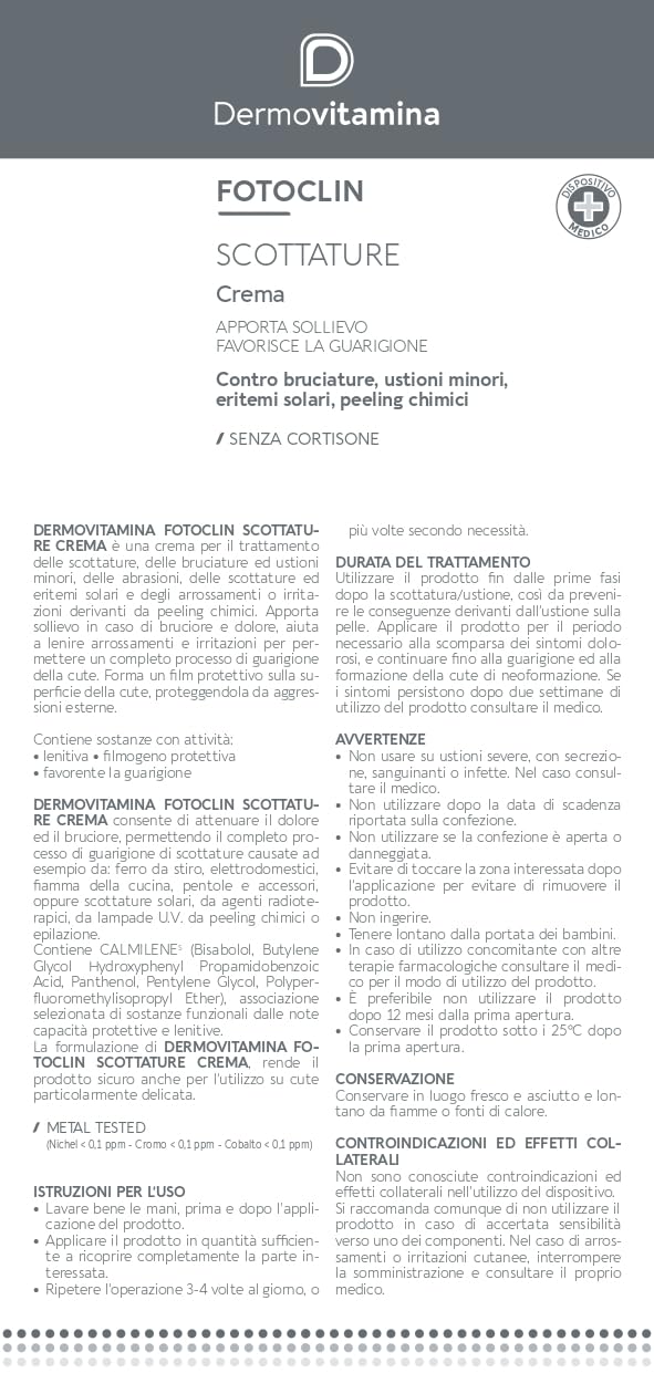 Dermovitamina Fotoclin Scottature Crema - Crema per il Trattamento di Bruciature, Ustioni Minori, Eritemi Solari e Peeling Chimici - Contro Dolore e Bruciore - Doposole - Senza Cortisone - 30ml