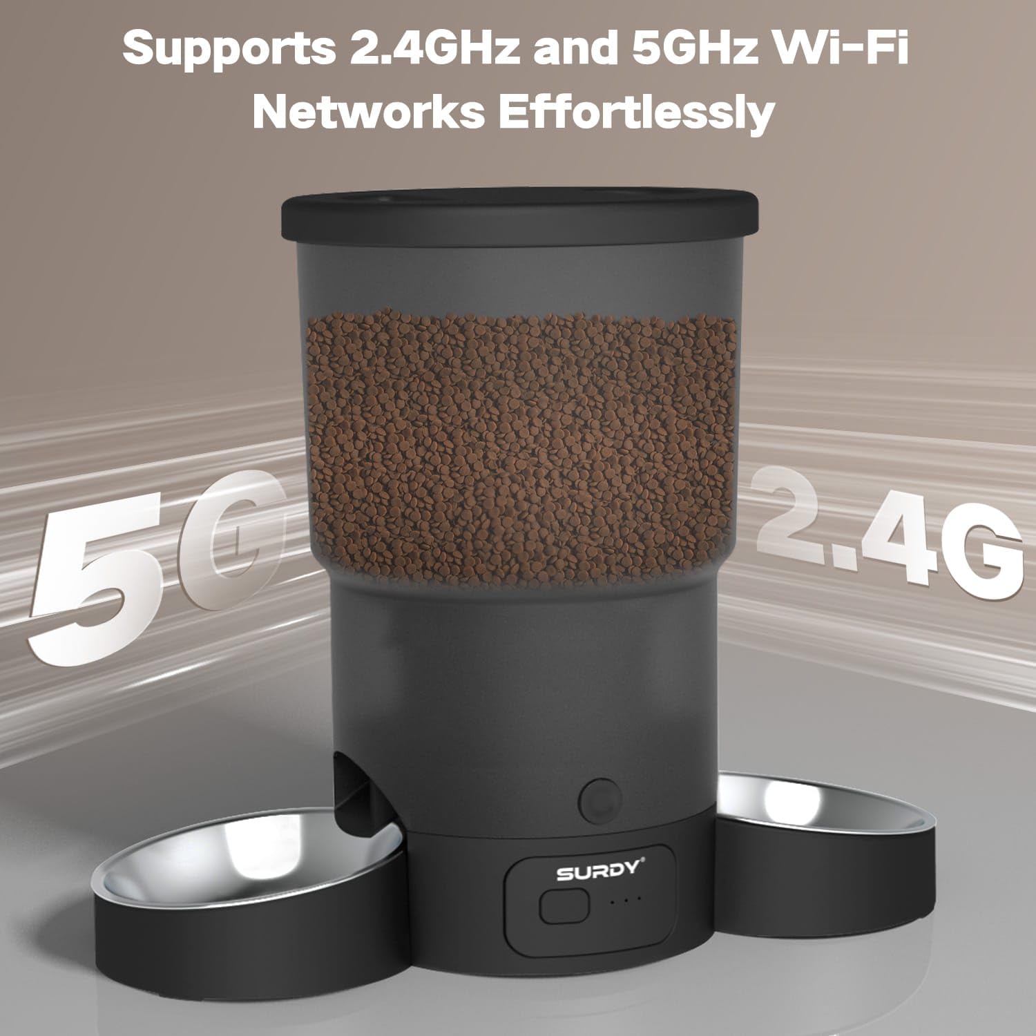 SURDY Automatic Cat Feeder with 5G WiFi, 20 Cups/5L Automatic Cat Food Dispenser for 2 Cats Smart Pet Feeder with APP Control for Remote Feeding (Black, 5L)