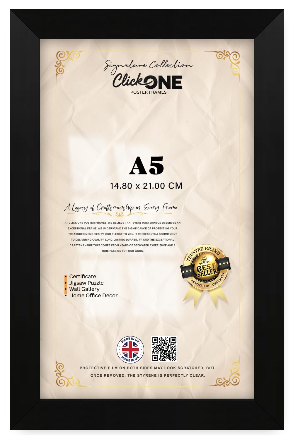 Click One — Elegant Small Rectangle A5 (14.80 X 21.00 CM) Poster Picture With Solid Engineered Wood Finish | Hanging Hooks 8 X 5.5 Inch Matt Black Frame For Wall Art And Photos Gallery Display