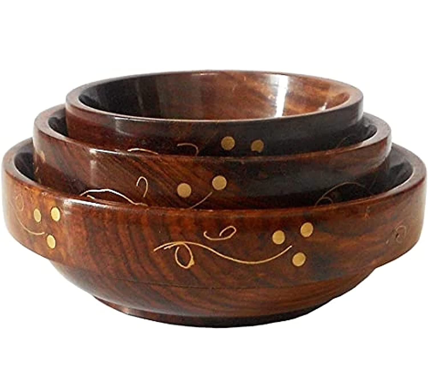 CRAFT ZONE INDIA Wooden Serving Bowl for Soup & Salad Snacks Dry Fruit Sisam Wood with Brass Work Decorated Table (Set of 3) |