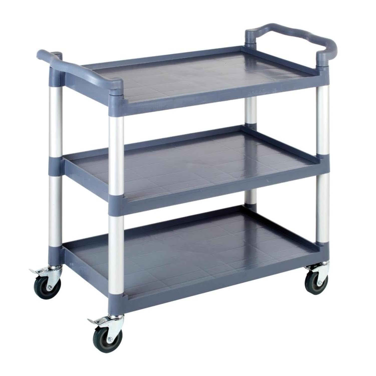 APS Wózek do serwowania/transportu aluminiowa rama, 3 półki, odstęp na półkę 31 cm, 4 kółka skrętne z blokadą, nośność 80 kg na półkę, łącznie 240 kg, zdemontowany, łatwy montaż, bez pojemnika
