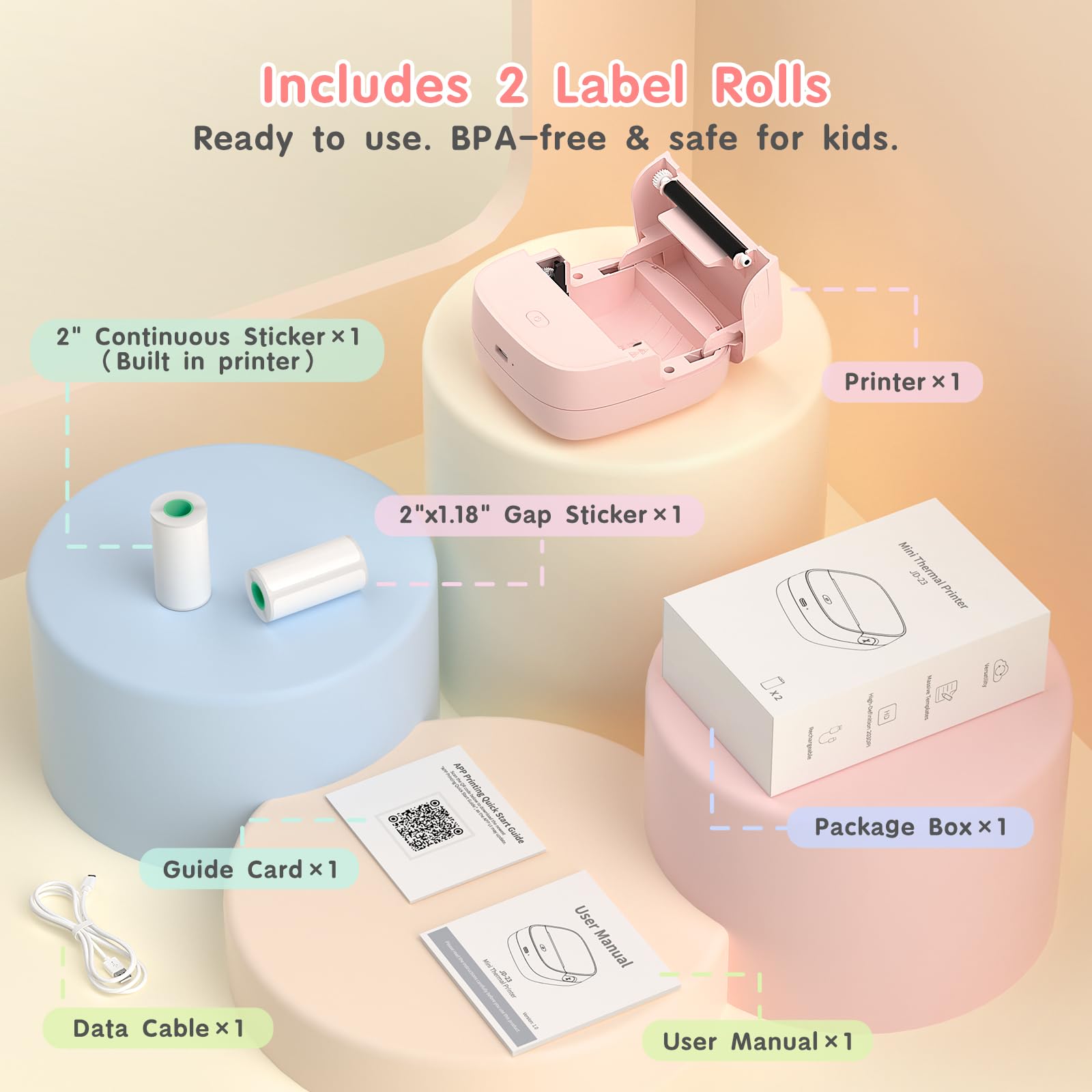 Gloryang Stampante per adesivi, mini stampante termica Bluetooth con 2 rotoli di nastro di carta, etichettatrice tascabile portatile con app intelligente per telefono e tablet, rosa