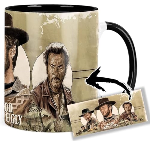 MUGSVILLE The Good The Bad And The Ugly Clint Eastwood Eli Wallach Lee Van Cleef Taza Interior y Asa Negra Ceramica Mug