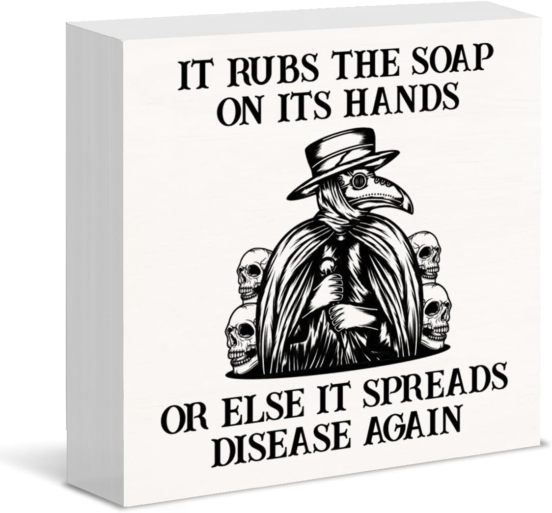 Divertido letrero gótico para baño, decoración gótica con texto en inglés Goth It Frota el jabón en sus manos en bloque de madera para decoración de