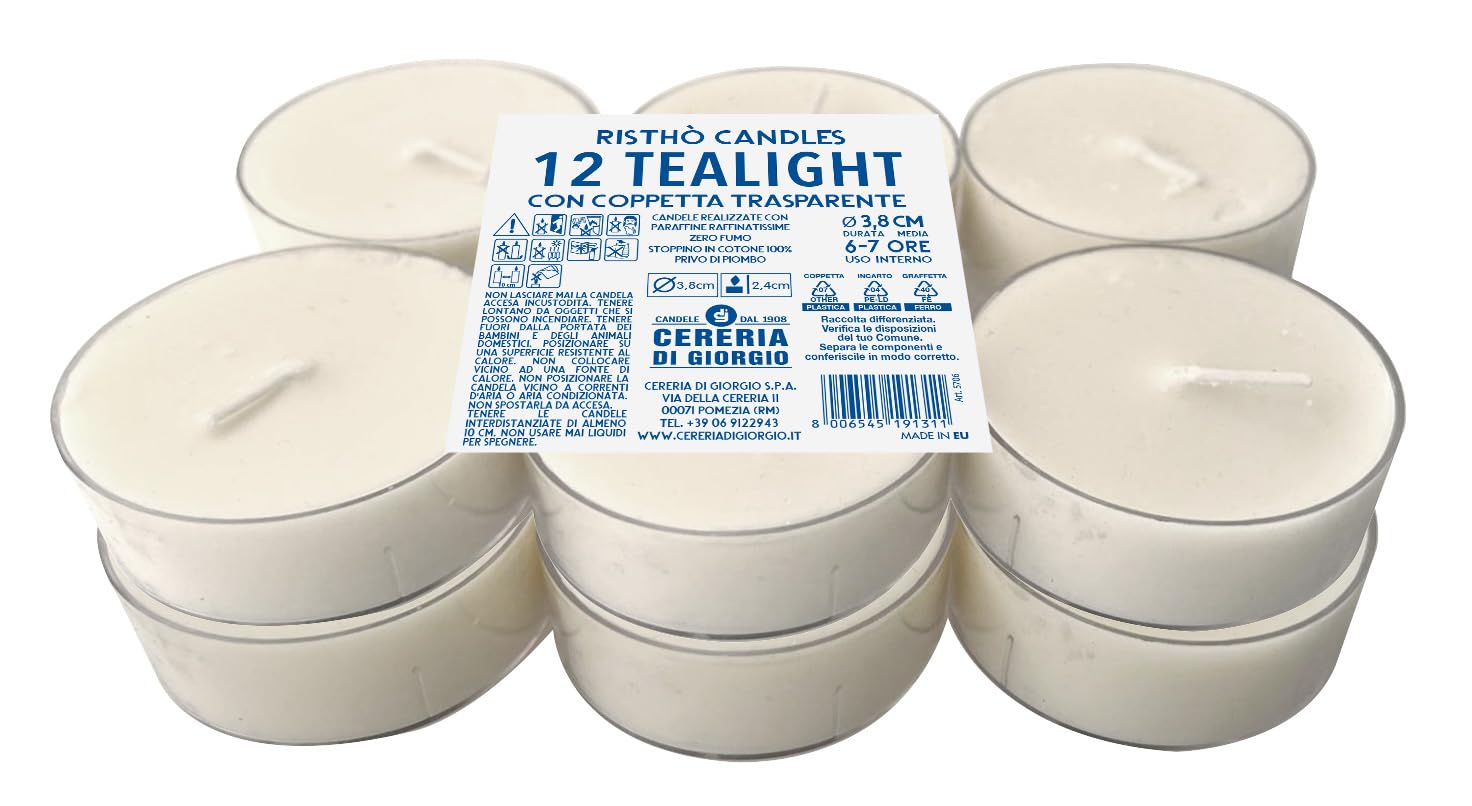 Juego de 12 velas grandes con copa transparente – Cera vegetal color marfil – Duración 10 horas – Diámetro 5,7 cm – Cereria Di Giorgio